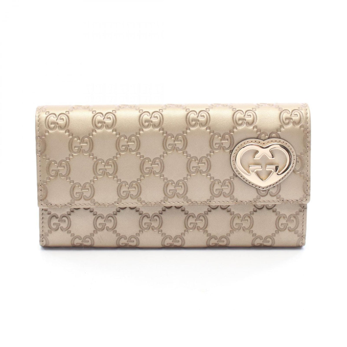 Gucci Bifold Wallet Lovely Guccissima Champagne Gold Leather Heart Zip