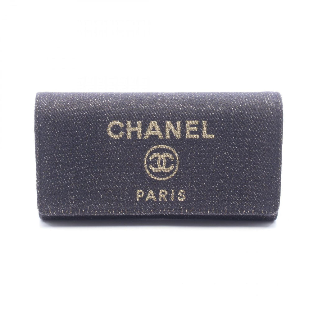 Chanel Bifold Wallet Deauville Long Flap Glitter Black Gold Canvas Leather