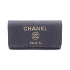 Chanel Bifold Wallet Deauville Long Flap Glitter Black Gold Canvas Leather