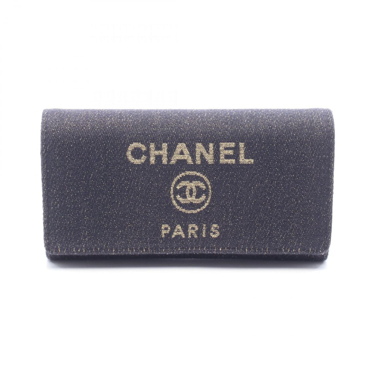 Chanel Bifold Wallet Deauville Long Flap Glitter Black Gold Canvas Leather