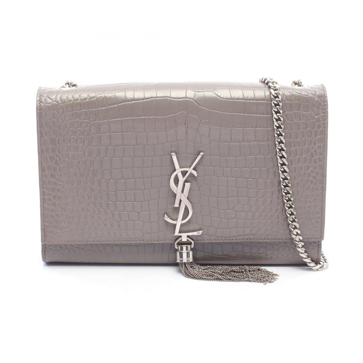 Saint Laurent Paris Shoulder Bag Kate Monogram Croco Embossed Gray Leather