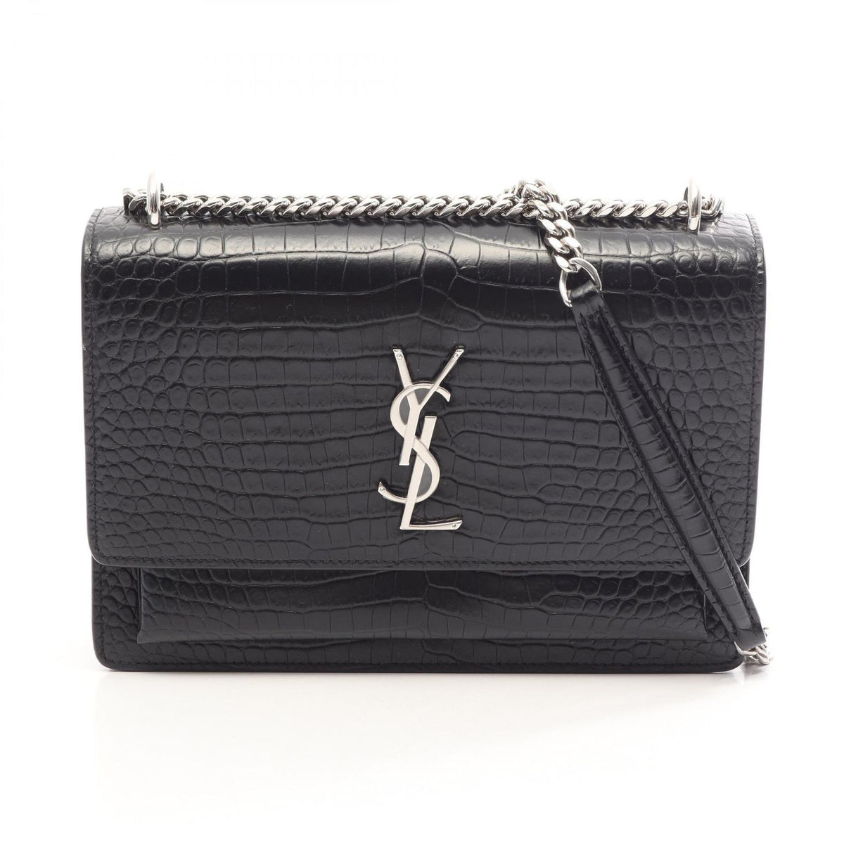 Saint Laurent Paris Shoulder Bag Sunset Croco Embossed Black Leather Medium