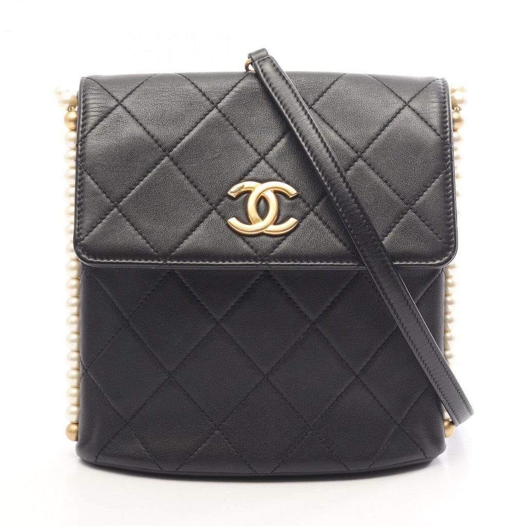 Chanel Shoulder Bag Quilted Faux Pearl Black Lambskin