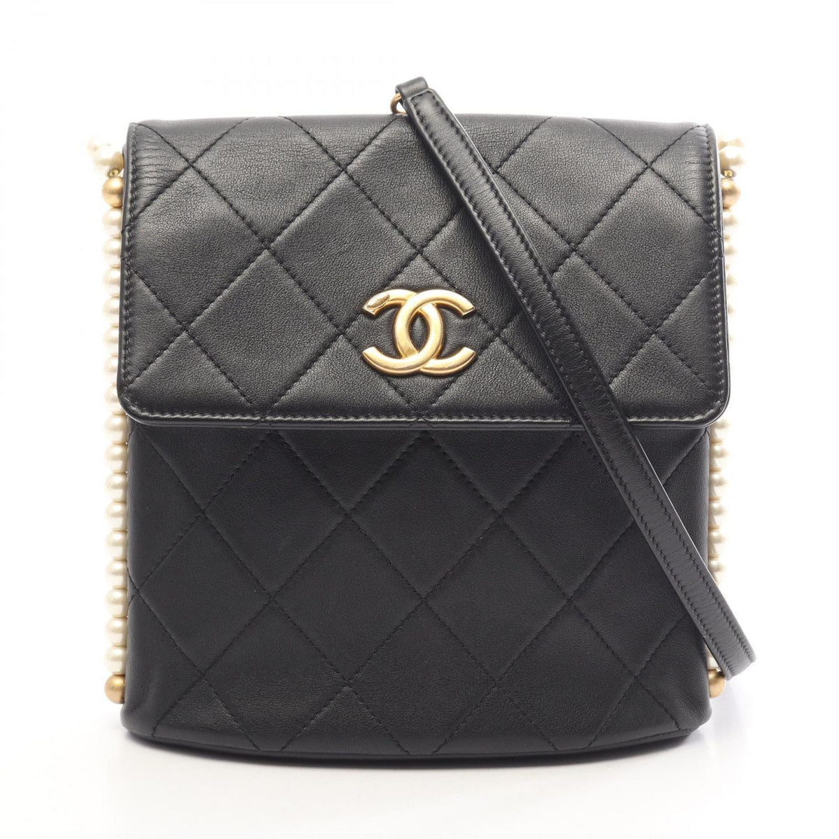 Chanel Shoulder Bag Quilted Faux Pearl Black Lambskin