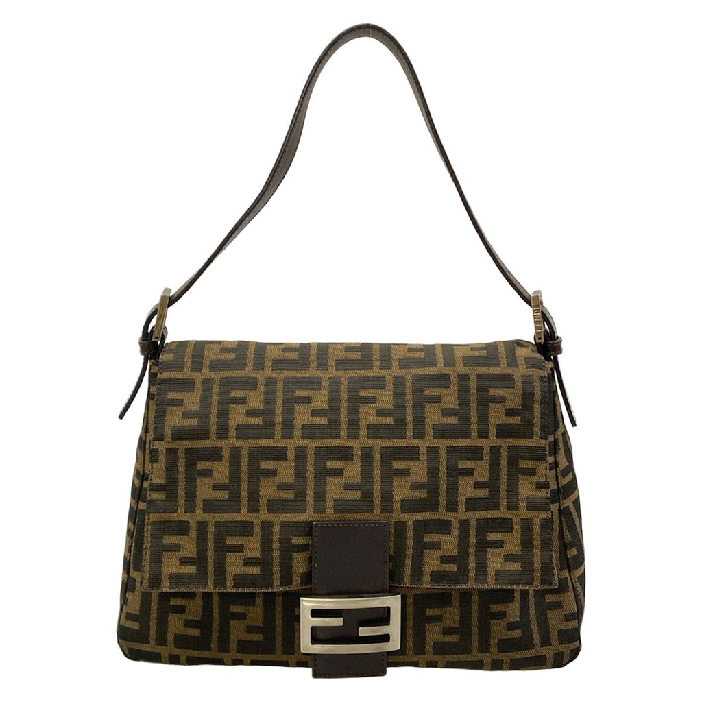 Fendi Shoulder Bag Mamma Bucket Zucca Pattern Brown Dark Black Leather