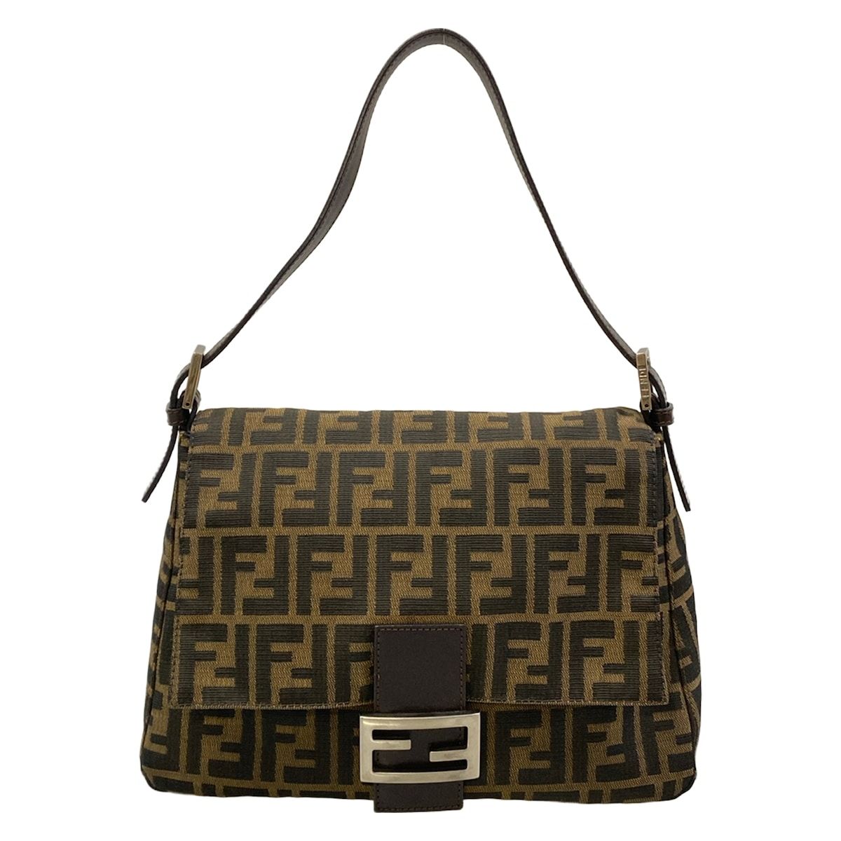 Fendi Shoulder Bag Mamma Bucket Zucca Pattern Brown Dark Black Leather