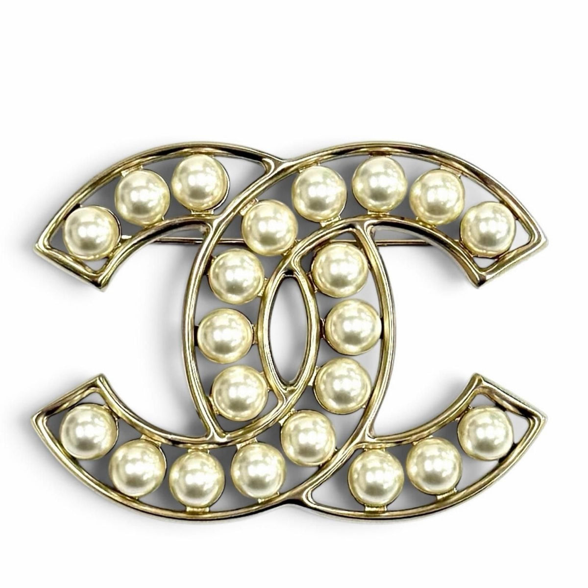 Chanel CC Logo Faux Pearl Brooch White Gold