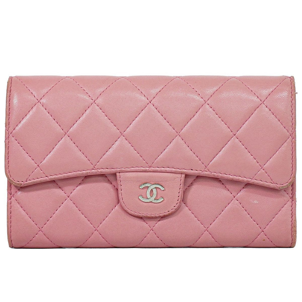 Chanel Quilted CC Logo Trifold Wallet Lambskin Leather Pink