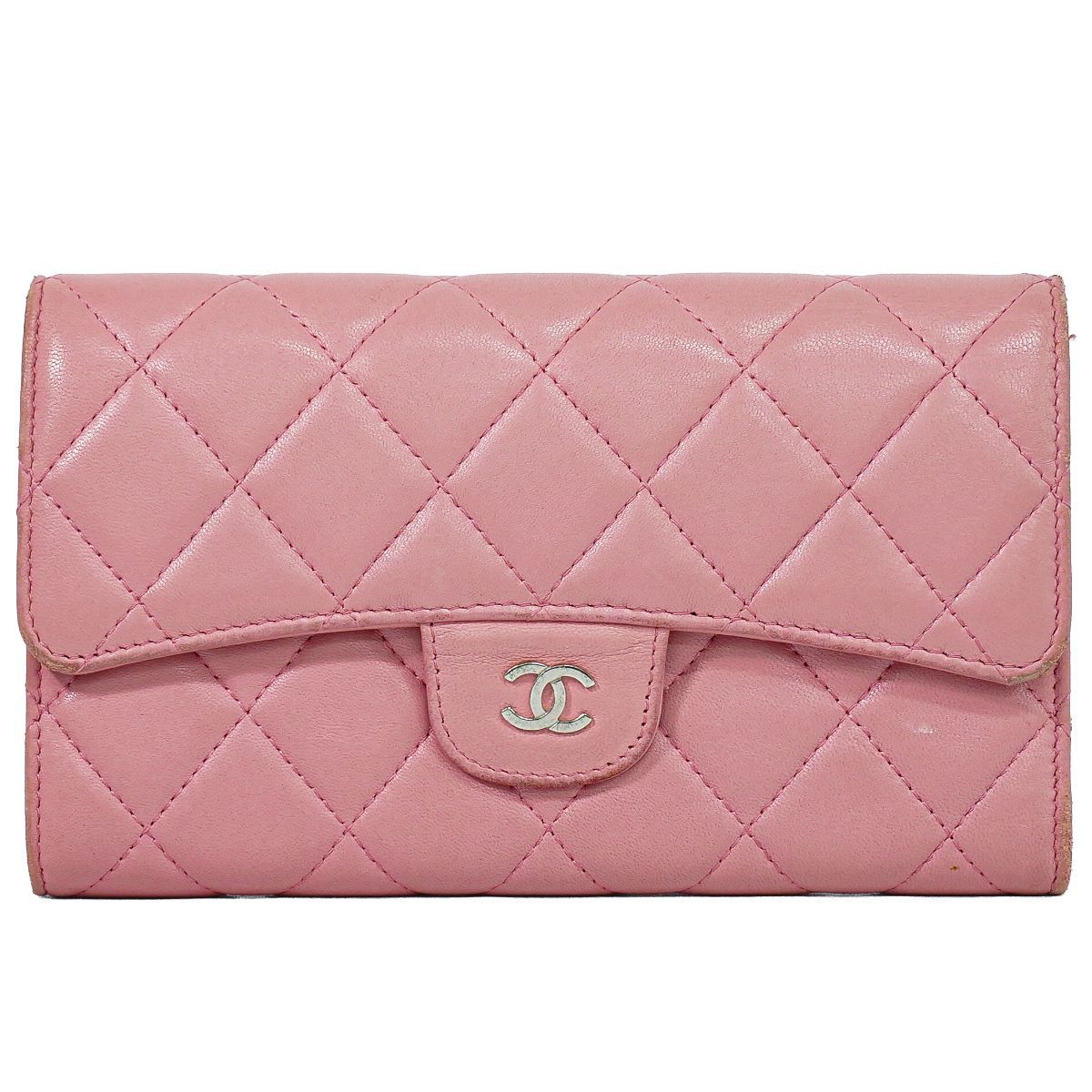 Chanel Quilted CC Logo Trifold Wallet Lambskin Leather Pink