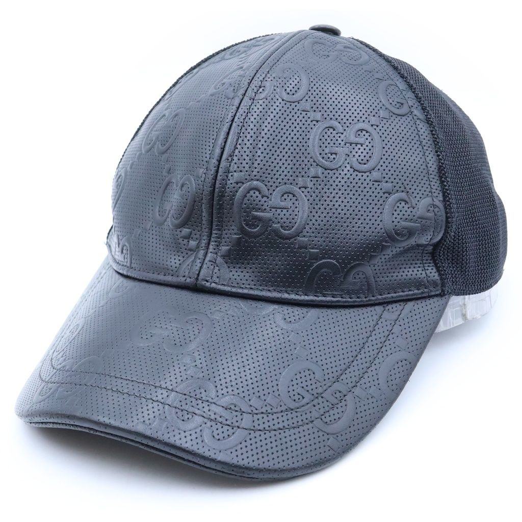 Gucci GG Embossed All Over Print Mesh Leather Trap Khaki Cap Baseball Cap Hat