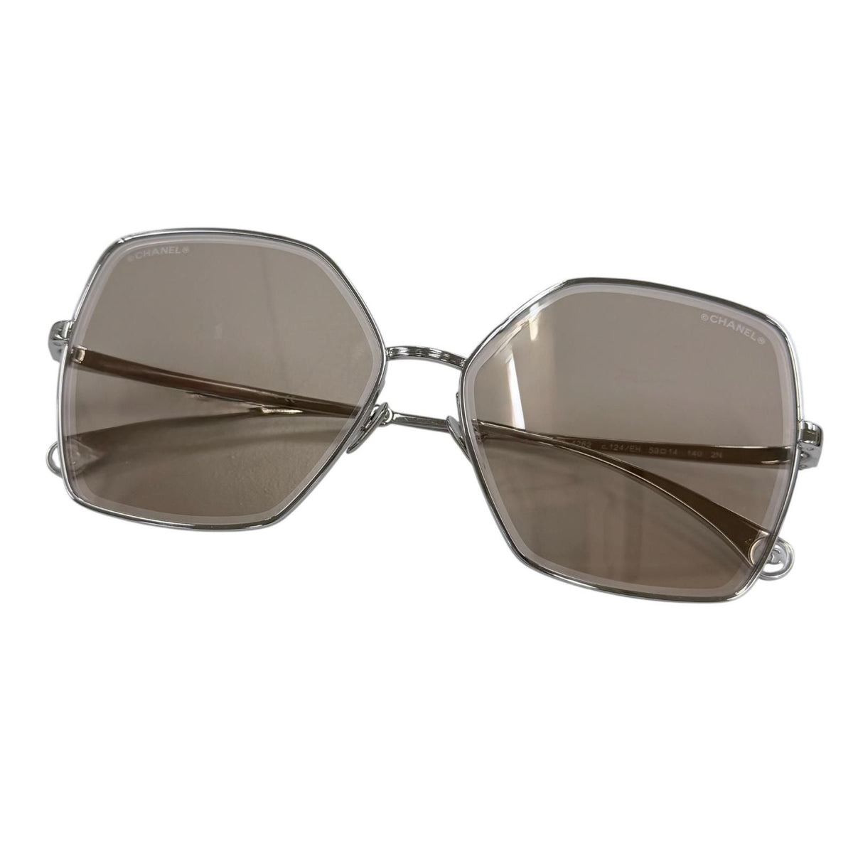Chanel CC Logo Pearl Chain Butterfly Sunglasses Silver Brown Eyewear