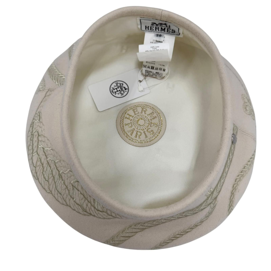Hermes Saint Honore Anne Finesse Wool 100% Sellier Beret Ivory 58 Hat — view 7