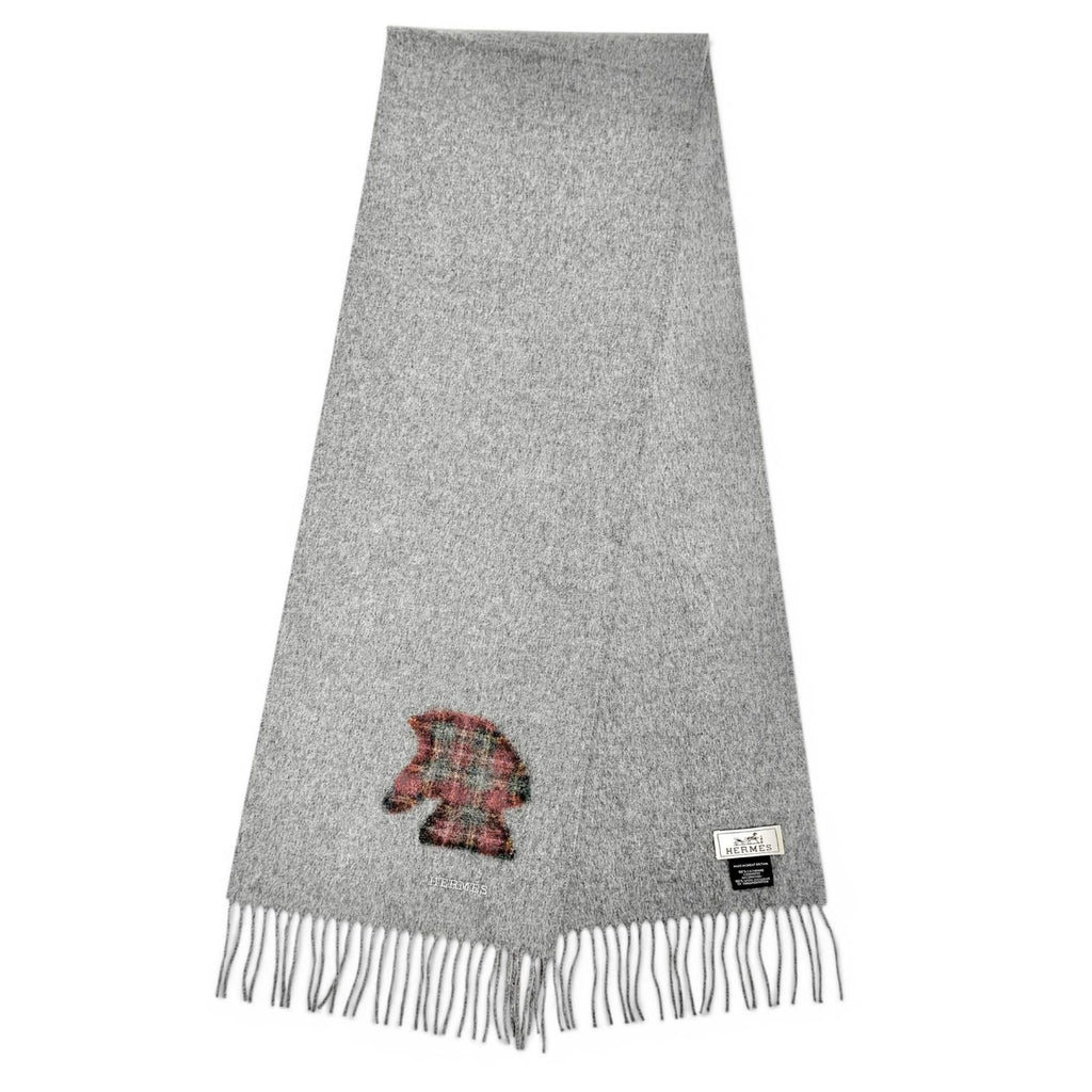 Hermes Highlands Cashmere 100% Tartan Check Horse Motif Logo Embroidery Fringe — view 4
