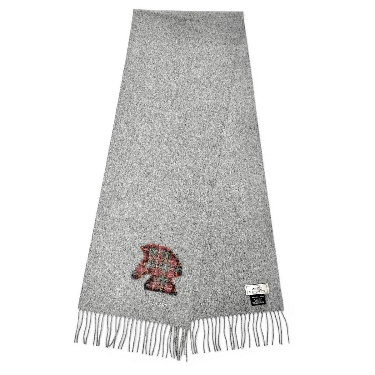 Hermes Highlands Cashmere 100% Tartan Check Horse Motif Logo Embroidery Fringe — view 4