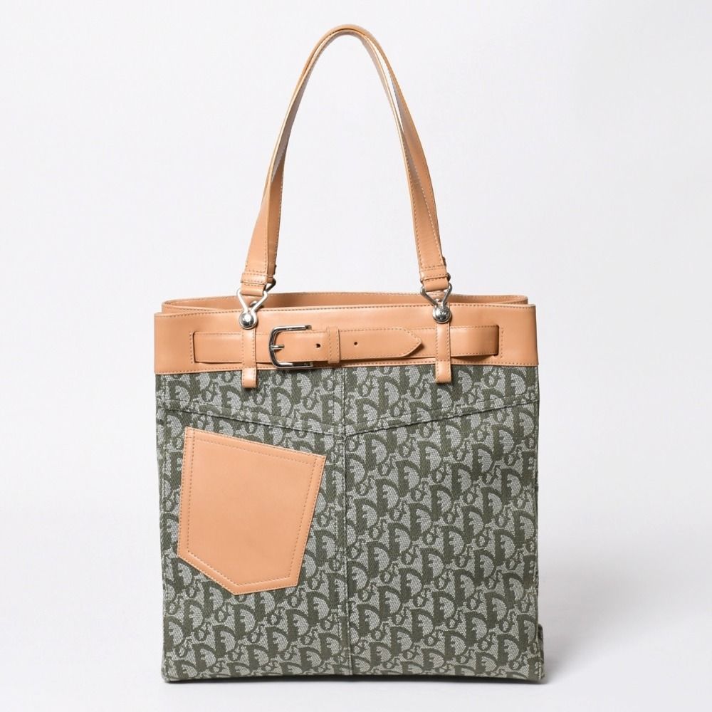 Dior Trotter Pattern Tote Bag Pants Motif Galliano Era White Calfskin Silver