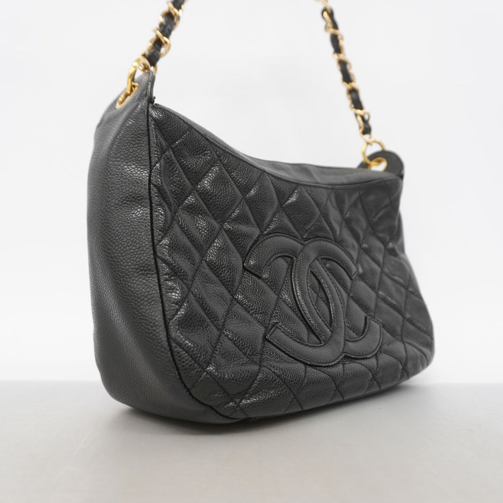 Chanel Shoulder Bag Quilted Caviar Leather Black Gold — view 2
