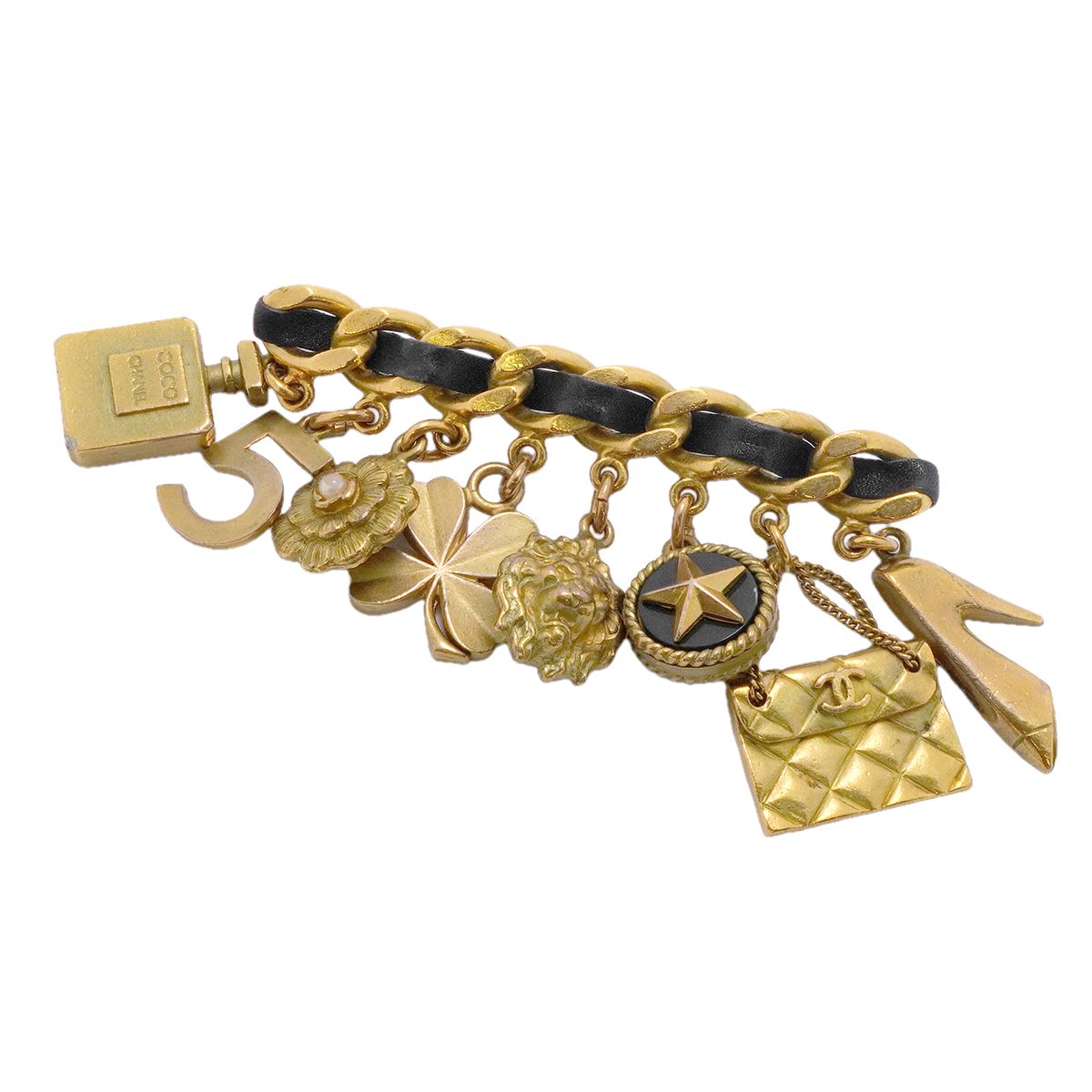 Chanel Brooch Vintage CC Logo Camellia Icon Charm Gold Plated Leather Faux
