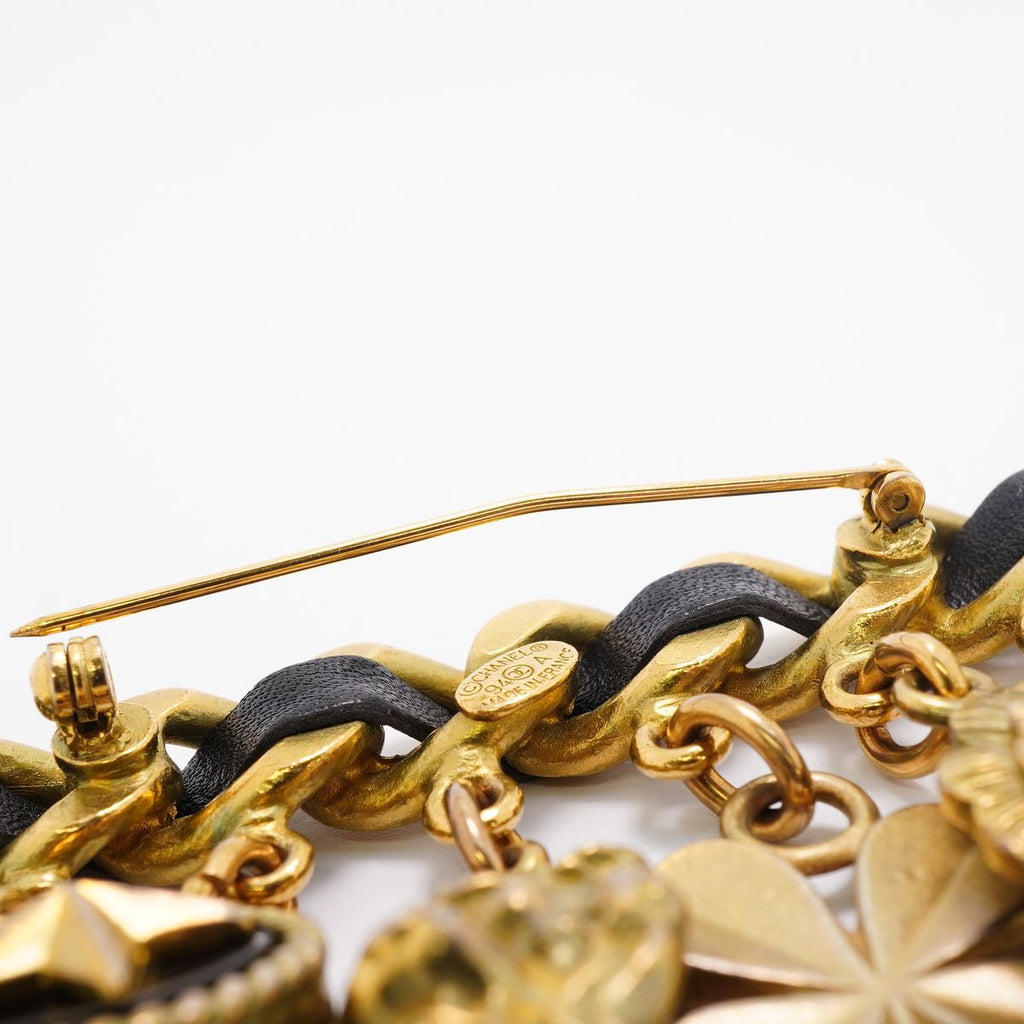 Chanel Brooch Vintage CC Logo Camellia Icon Charm Gold Plated Leather Faux — view 7