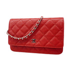 Chanel Wallet on Chain Quilted Caviar Leather Red Silver Shoulder Bag