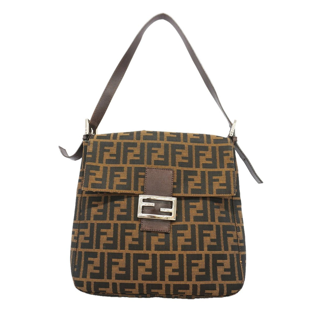Fendi Shoulder Bag Zucca Nylon Canvas Brown Silver