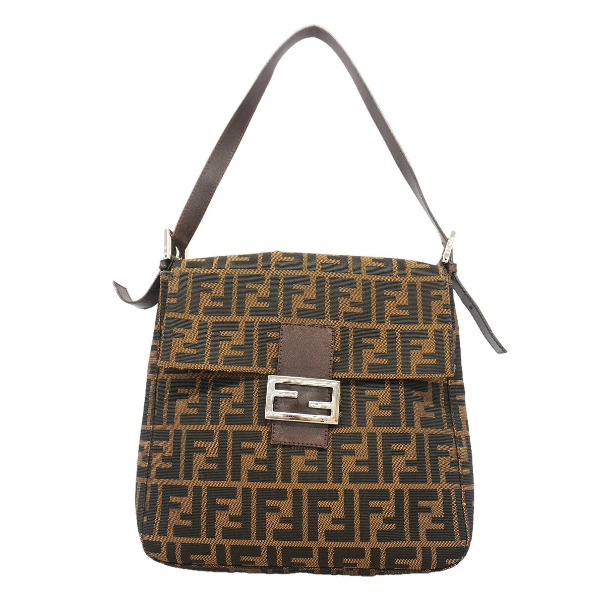 Fendi Shoulder Bag Zucca Nylon Canvas Brown Silver