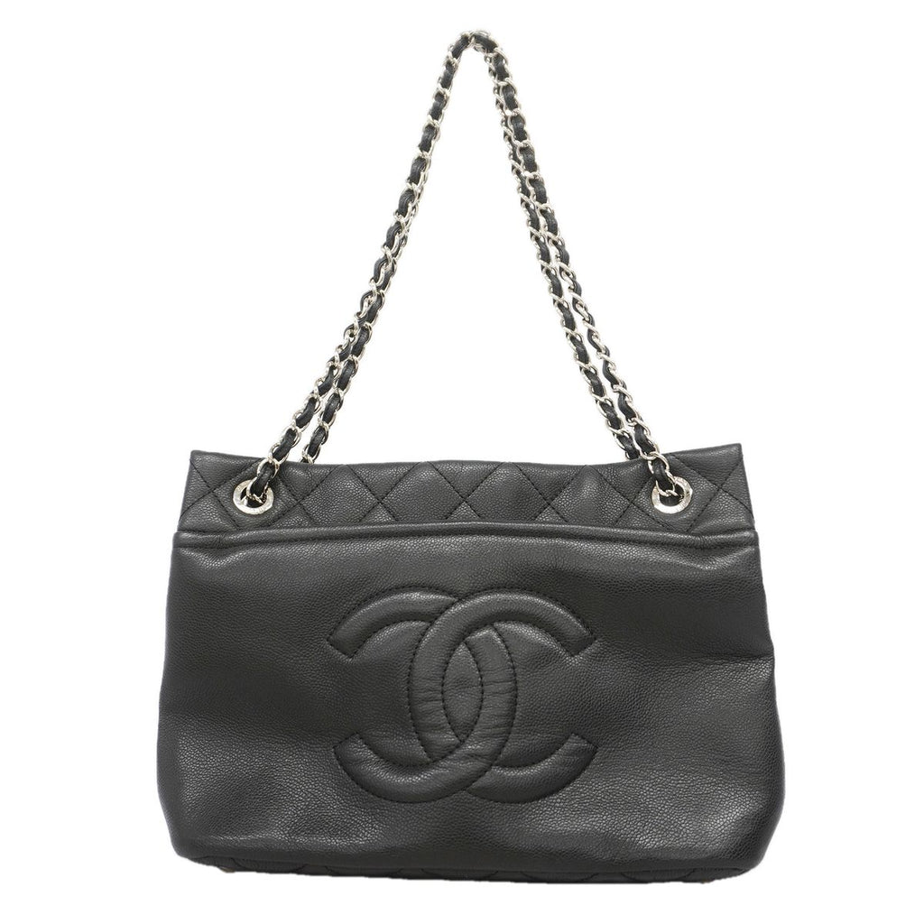 Chanel Chain Tote Bag Quilted Caviar Leather Black Silver