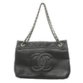 Chanel Chain Tote Bag Quilted Caviar Leather Black Silver