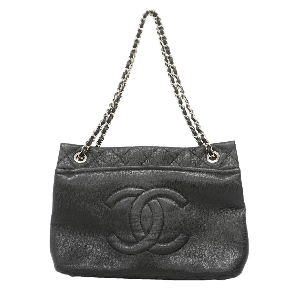Chanel Chain Tote Bag Quilted Caviar Leather Black Silver
