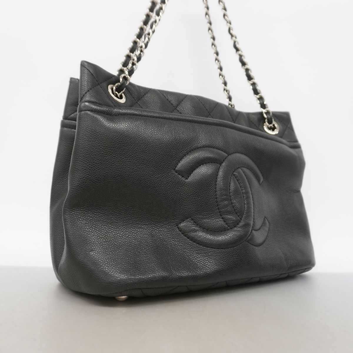 Chanel Chain Tote Bag Quilted Caviar Leather Black Silver — view 2