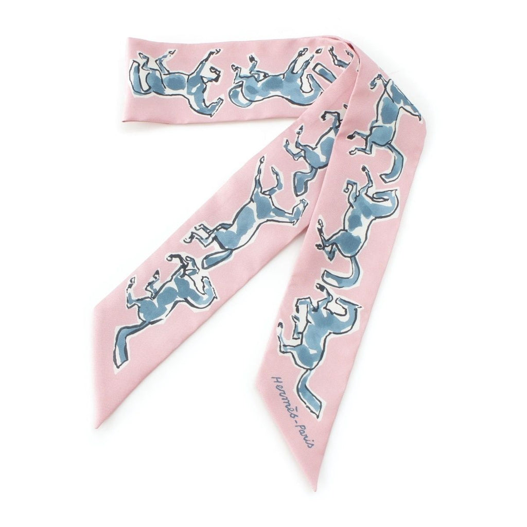 Hermes Twilly Freedom Horse Chevaux en Liberte Silk Scarf View Rose Blue Blanc