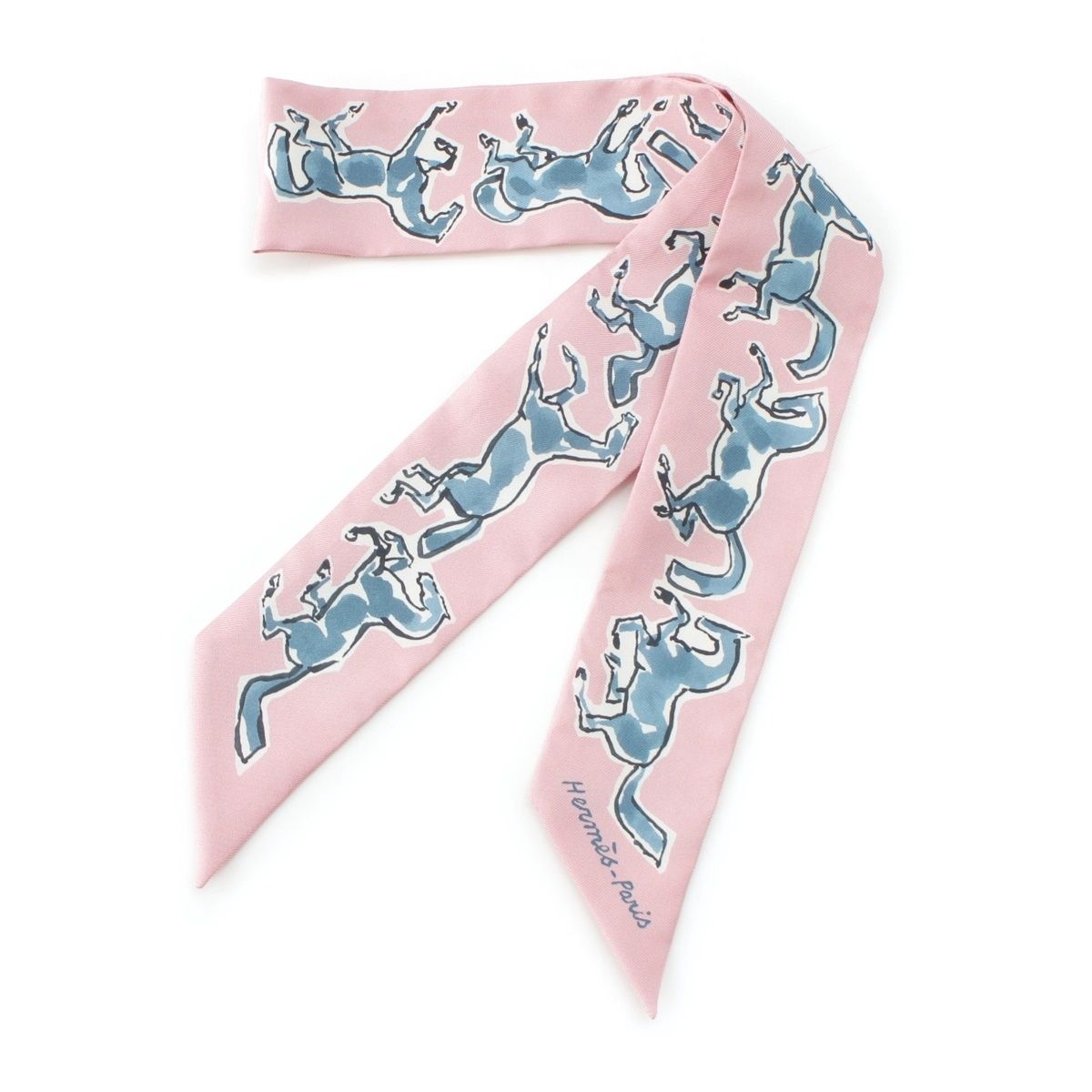 Hermes Twilly Freedom Horse Chevaux en Liberte Silk Scarf View Rose Blue Blanc