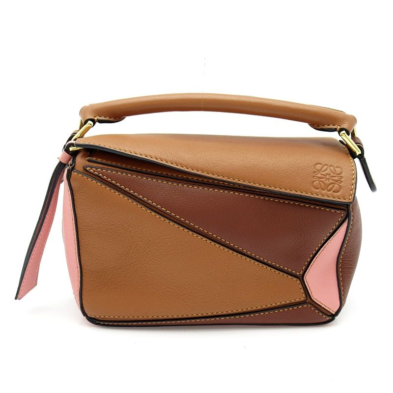 Loewe Puzzle Bag Mini Tricolor Soft Grain Calfskin Handbag Brown Pink