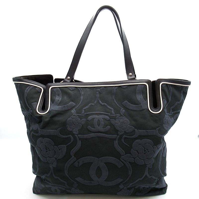 Chanel Camellia Tote Bag Canvas Leather Black