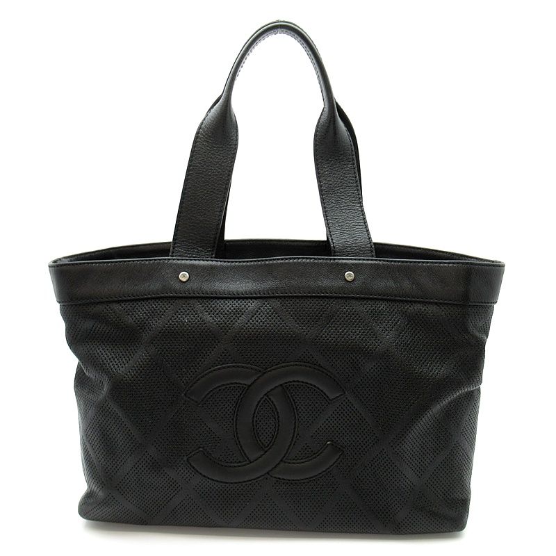 Chanel CC Logo Perforated Tote Bag Leather Black
