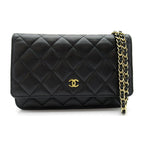Chanel Quilted Chain Wallet Caviar Leather Shoulder Bag Black