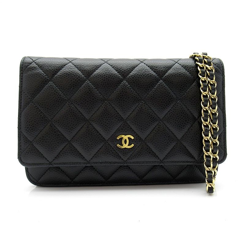 Chanel Quilted Chain Wallet Caviar Leather Shoulder Bag Black
