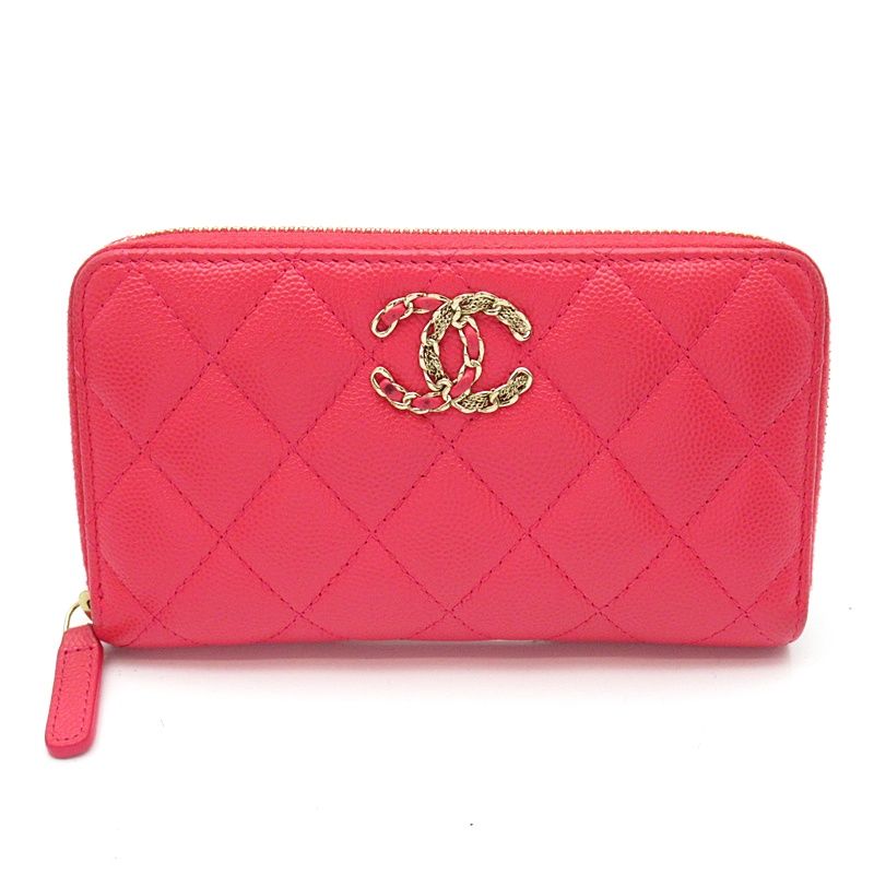 Chanel Quilted Small Zip Wallet Caviar Leather Pink