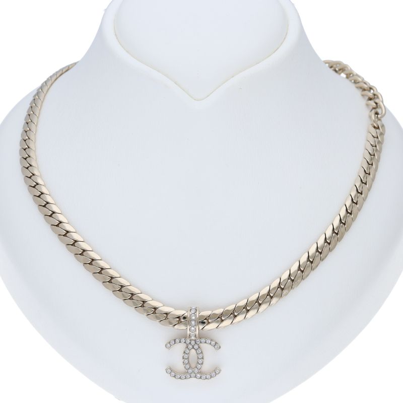 Chanel CC Logo Rhinestone Necklace Brass