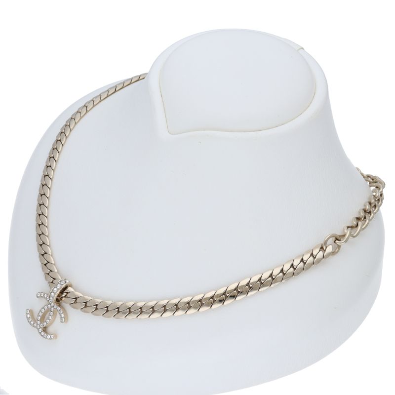 Chanel CC Logo Rhinestone Necklace Brass — view 3