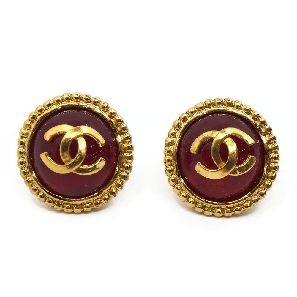 Chanel CC Logo Gripoix Earrings Gold Red