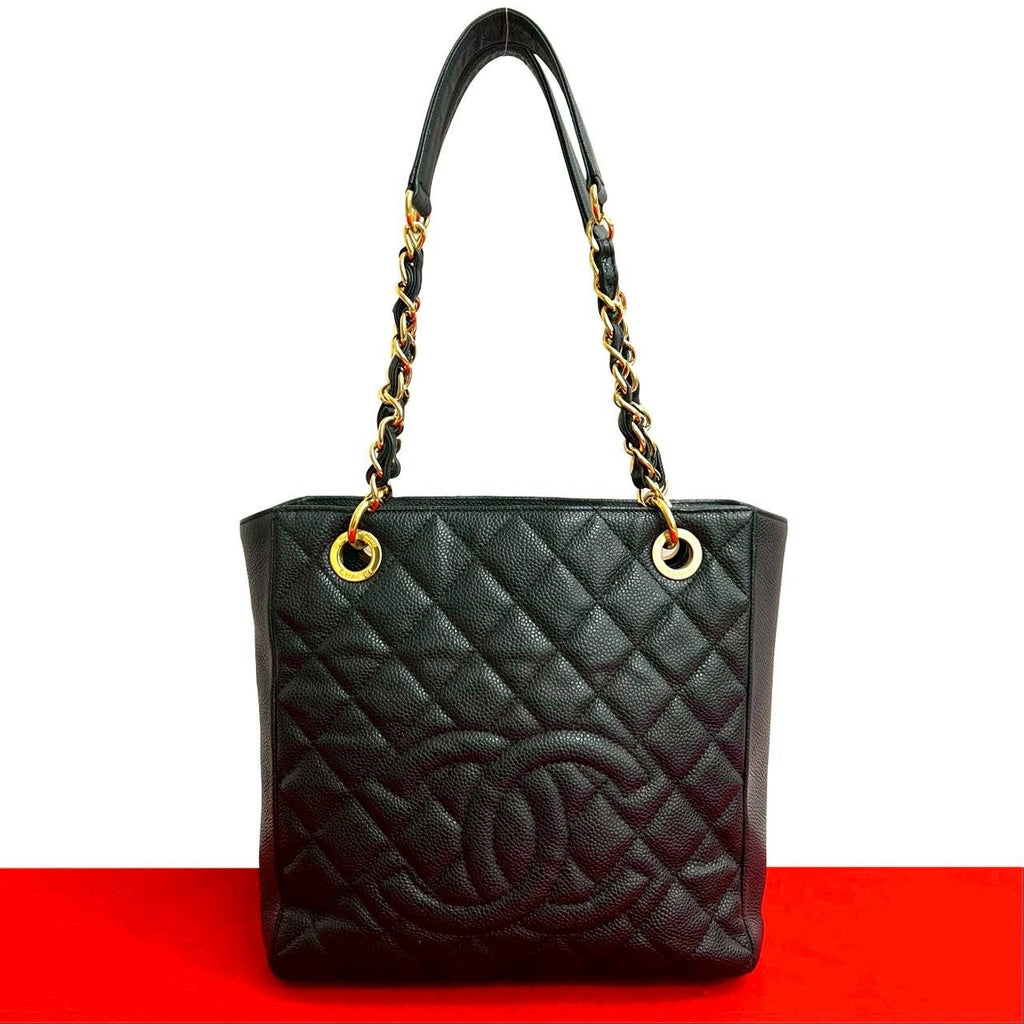 Chanel Quilted CC Logo Caviar Leather Chain Tote Bag Black