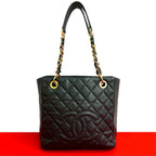 Chanel Quilted CC Logo Caviar Leather Chain Tote Bag Black