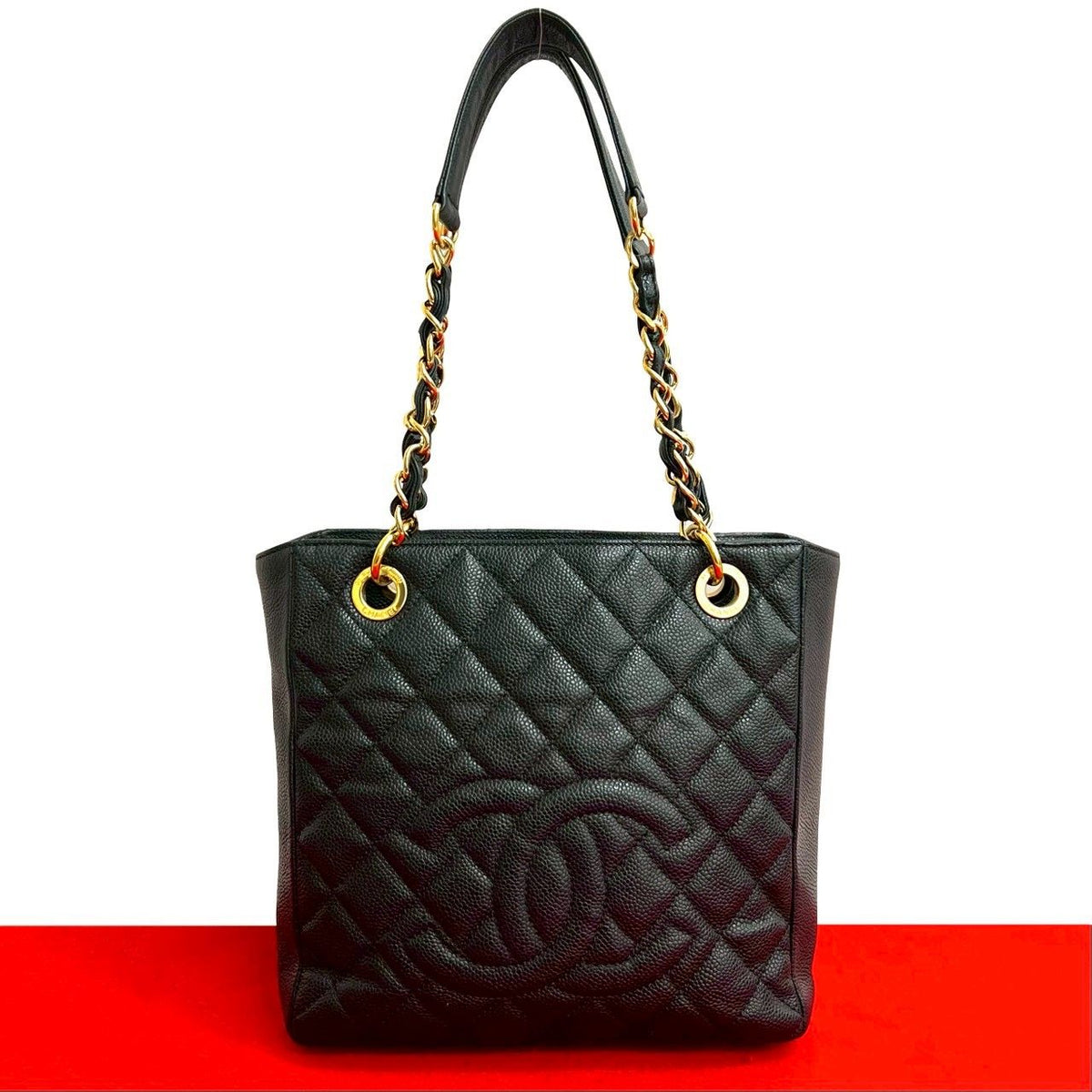 Chanel Quilted CC Logo Caviar Leather Chain Tote Bag Black