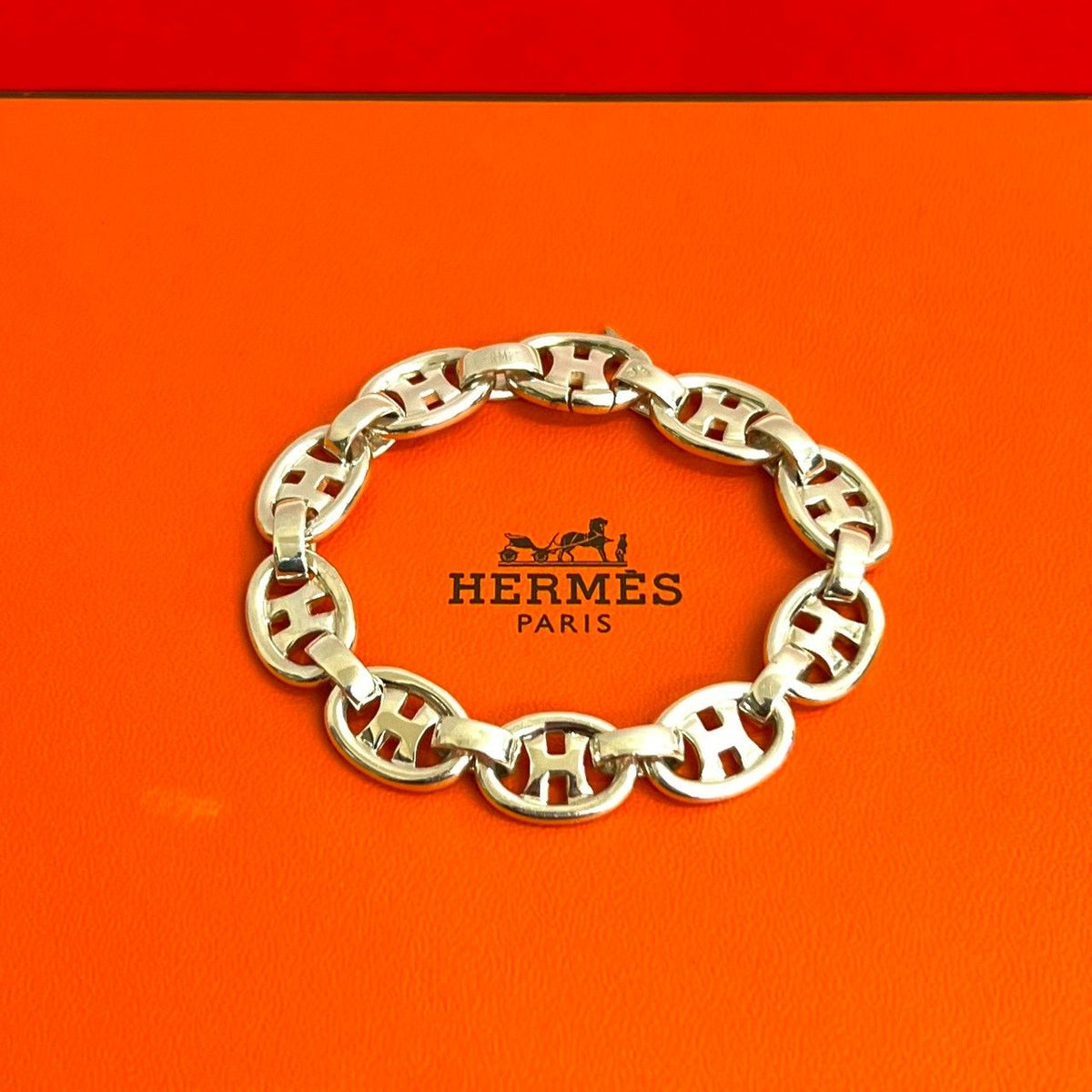Hermes Vintage H Logo Bracelet 925 Sterling Silver Chain Bangle
