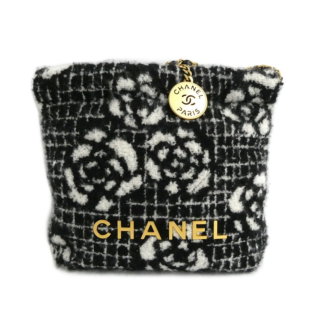 Chanel 22 Mini Handbag Camellia Cashmere Jacquard Black White Chain