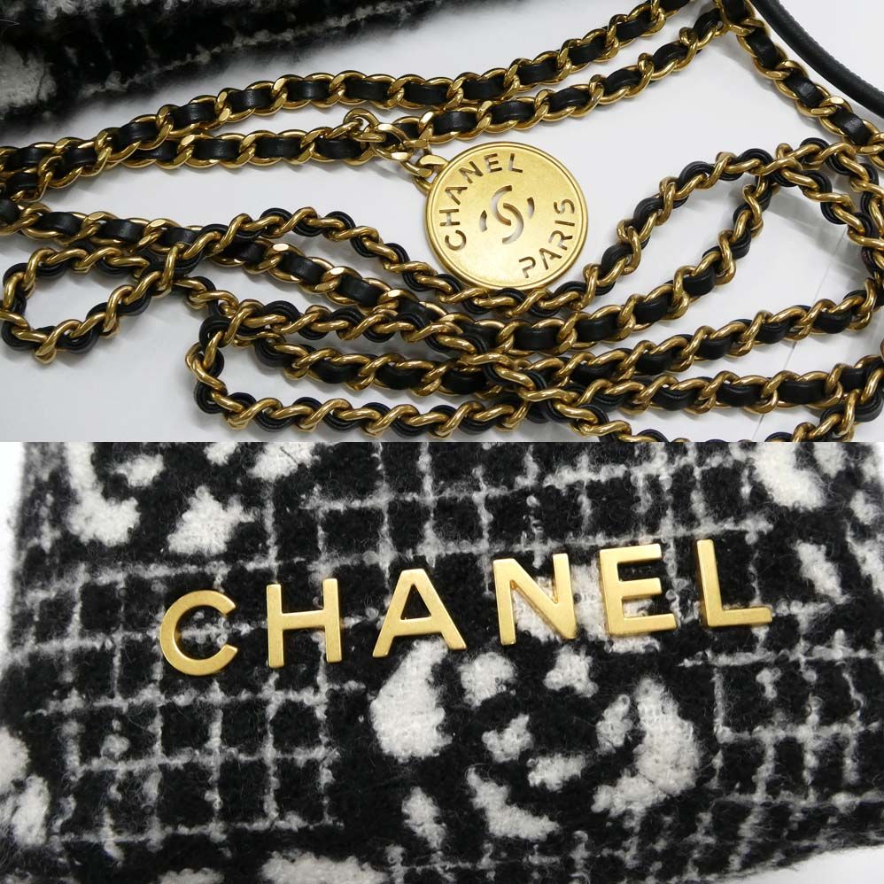 Chanel 22 Mini Handbag Camellia Cashmere Jacquard Black White Chain — view 6