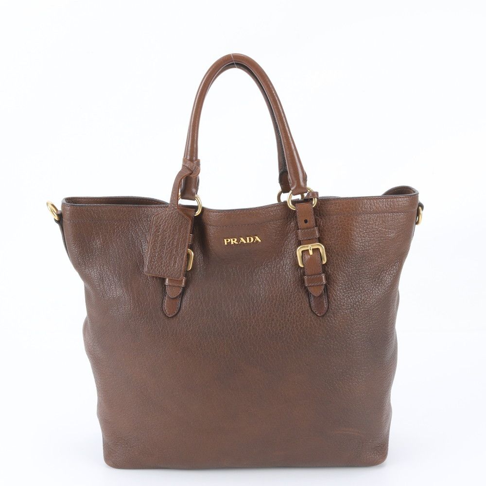 Prada Vitello Daino Leather Tote Bag Shoulder Hand Brown