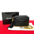 Chanel Quilted Lambskin Leather Fringe Chain Shoulder Bag Black