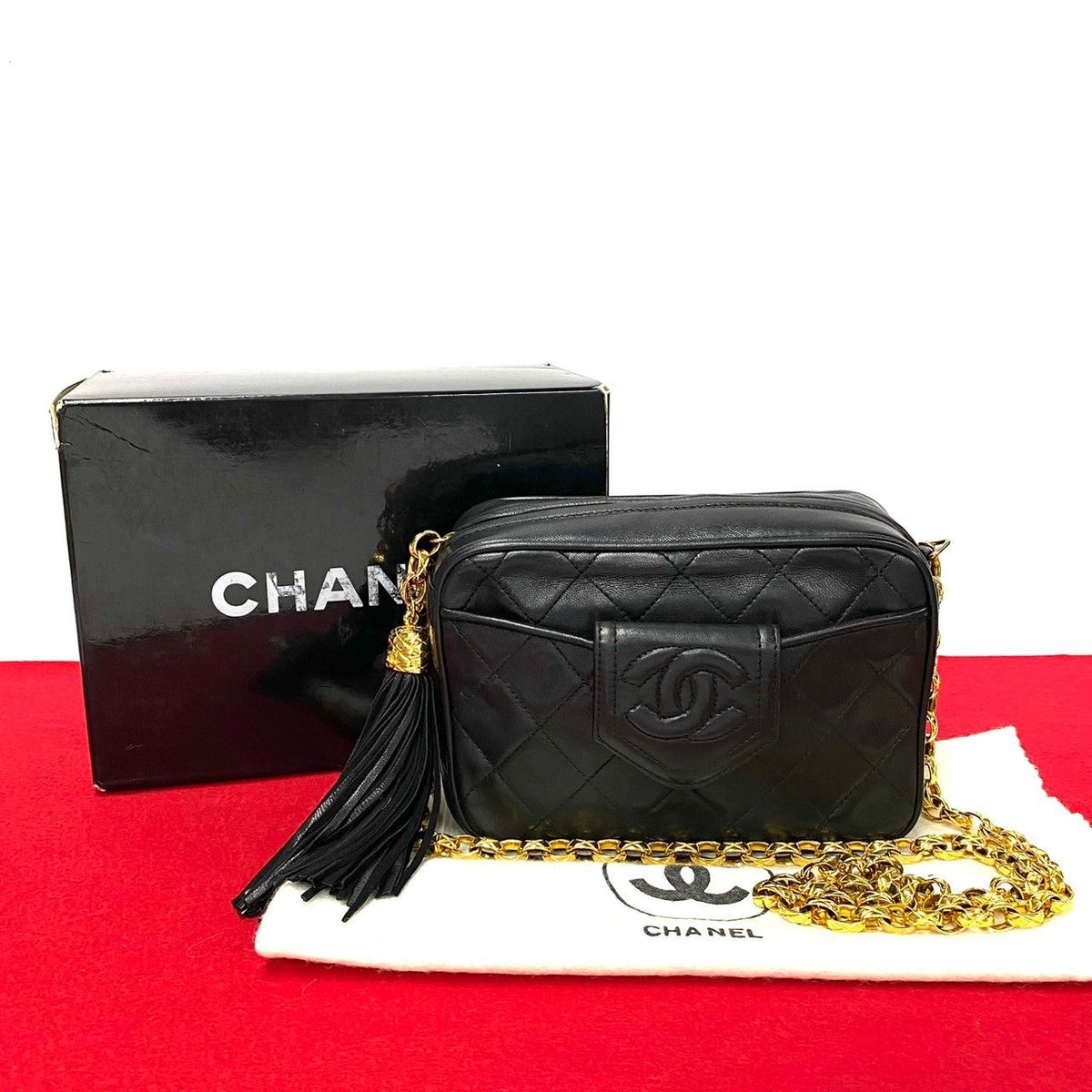 Chanel Quilted Lambskin Leather Fringe Chain Shoulder Bag Black