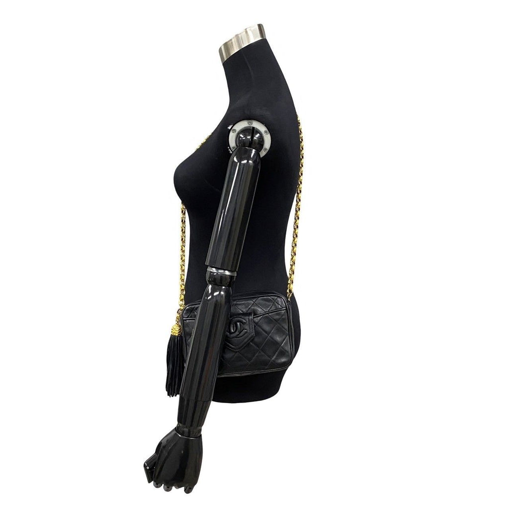 Chanel Quilted Lambskin Leather Fringe Chain Shoulder Bag Black — view 2